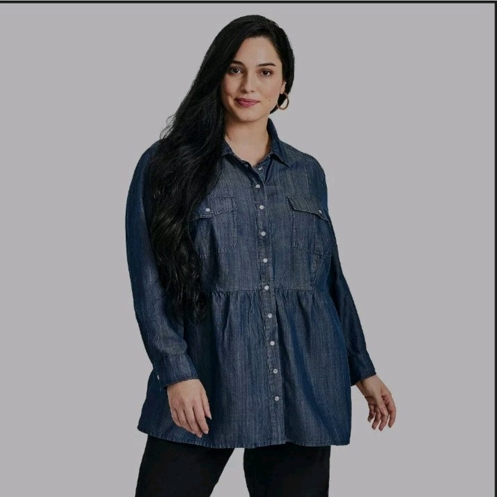 Avenue Women's Soft Denim Long Sleeve Button Down Tiered Shirt Size 20 NWT